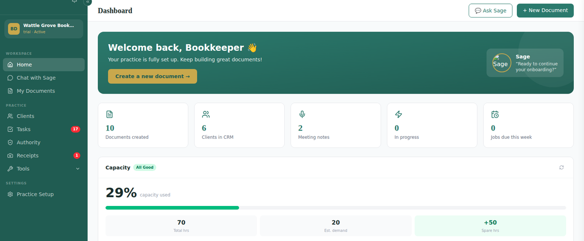 Bookkeeper Dashboard practice overview screen