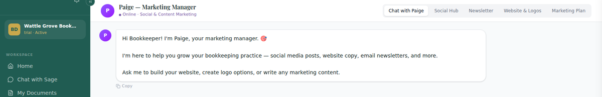 Paige, the AI marketing assistant, ready with quick-start content options