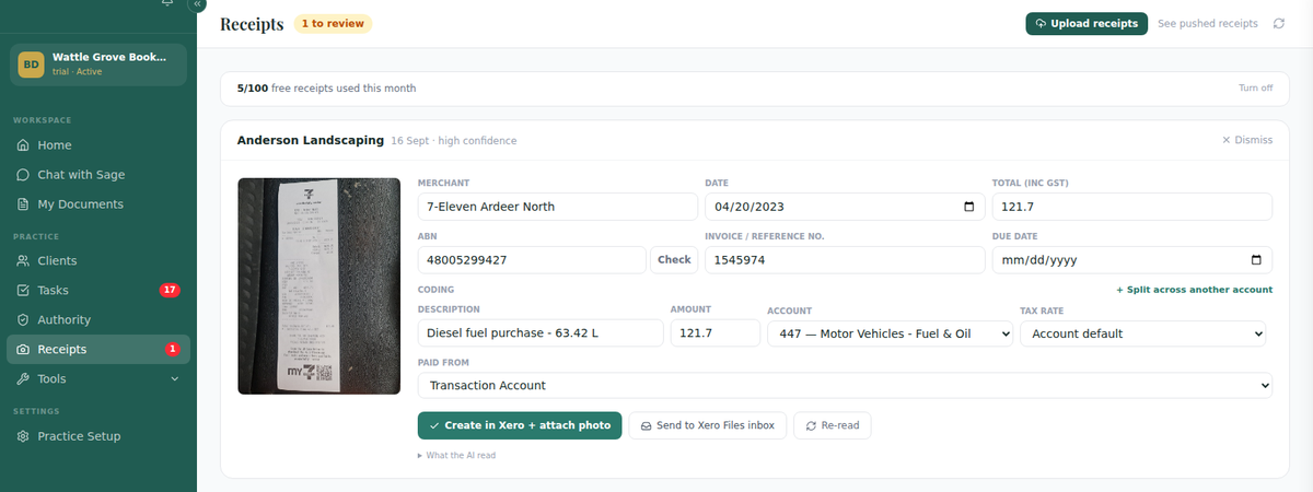 A receipt automatically coded and matched to a client, ready to push into Xero